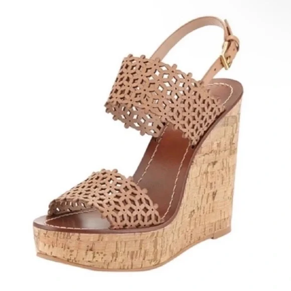 Tory Burch Daisy Floral Perforated Leather Wedge Sandal - Picture 1 of 8